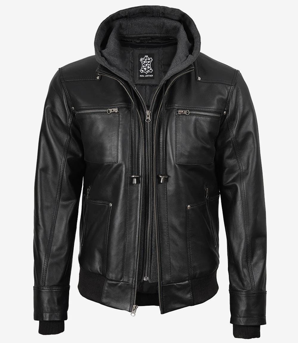 Men's Black Lambskin Leather Bomber Jacket With Removable Hood - Etsy