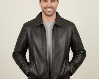 Handmade Men's Brown Lambskin Leather Harrington Jacket