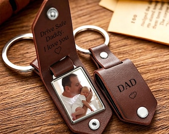 Personalized Mens Leather Keychain with Photo,Metal Photo Keychain,Engraved Key Chain Gift for Men, Birthday Gifts,Anniversary Gifts for Him