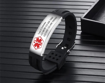 Personalized Medical Alert Bracelet,Silicone Waterproof Sport Bracelet,Custom Emergency Alert ID Bracelet,Medical Jewelry for Men/Women