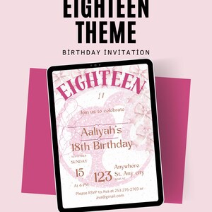 Modèle d'invitation de dix-huitième anniversaire | Faire-part rose avec noeud | Toile modifiable à télécharger | Jolie carte d'anniversaire de 18 ans pour elle