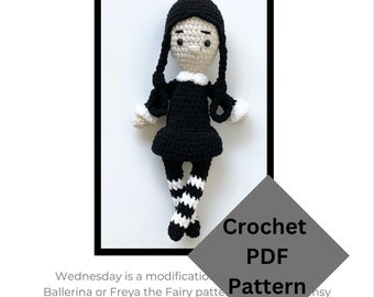 May include: Crochet pattern PDF for a Wednesday Addams doll. The doll is black and white with a black dress and striped stockings. The doll is standing on a white background.