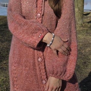 Luxury Mohair Silk Knit Cardigan | Long Blush Pink Hand-Knitted Coat with Hood | Cozy Warm Custom Knitwear