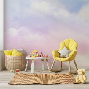 Carta da parati adesiva per bambini, carta da parati con cielo pastello, carta da parati con nuvole acquerellate, carta da parati per bambini, carta da parati rimovibile, colore rosa