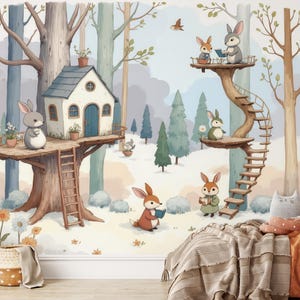 Carta da parati per bambini, carta da parati con foresta, carta da parati con animali, carta da parati con conigli, carta da parati con acquerello, carta da parati per bambini, carta da parati morbida