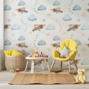 Carta da parati per bambini, carta da parati con aeroplani, carta da parati con cielo, carta da parati vintage, carta da parati blu, carta da parati con nuvole, carta da parati con acquerelli