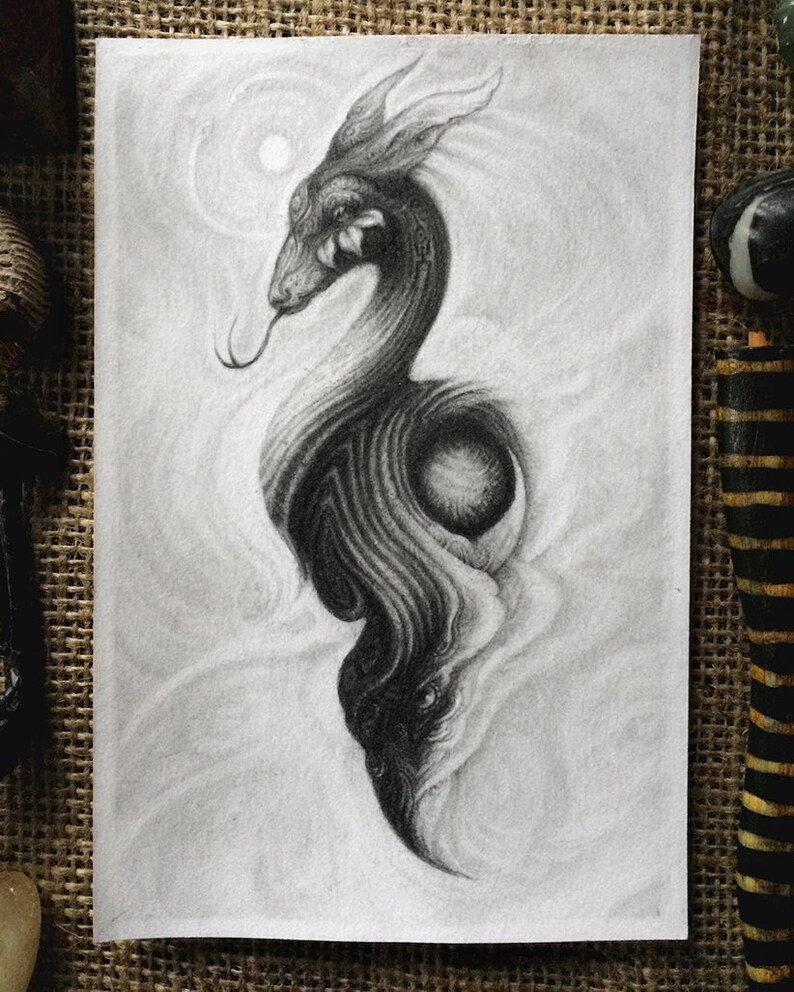 10x15cm Spirit Power Animals Crescent Moon Pencil Animal Illustration Deer Snake Moon Bird ~ Original Graphite Drawing