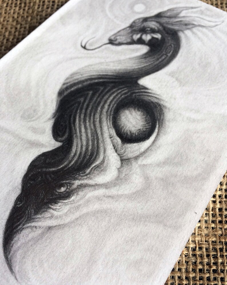 10x15cm Spirit Power Animals Crescent Moon Pencil Animal Illustration Deer Snake Moon Bird ~ Original Graphite Drawing