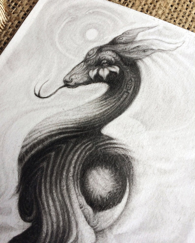 10x15cm Spirit Power Animals Crescent Moon Pencil Animal Illustration Deer Snake Moon Bird ~ Original Graphite Drawing