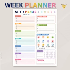 Könnte beinhalten: Ein farbenfroher Wochenplaner mit dem Text "WEEK PLANNER" oben. Der Planer enthält Abschnitte für jeden Wochentag, einen Gewohnheitstracker und tägliche Prioritäts-Icons. Der Planer soll helfen, Aufgaben und Ziele zu organisieren.