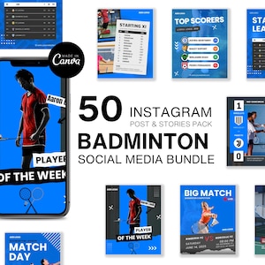50 Badminton Social Media Templates 2025 | Editable Canva Posts And Stories | Badminton Coach, Team, Prize, Tournament Instagram Templates