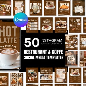 Könnte beinhalten: Eine Sammlung von 50 Instagram-Vorlagen für Restaurants und Cafés. Die Vorlagen verwenden ein braunes und weißes Farbschema mit Bildern von Kaffee, Gebäck und Menüpunkten. Ein Telefon zeigt eine "Hot Latte"-Aktion an.