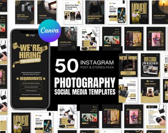 50 Photography Instagram Templates | Photographer Social Media Canva Posts & Stories | Photography Business Marketing Bundle