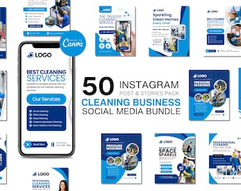 Cleaning Business Instagram Templates: Social Media Marketing Kit (Canva, 50 Posts & Stories)