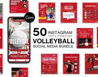 Plantillas de Instagram de voleibol: 50 publicaciones en Canva, rojas y editables (descarga digital)
