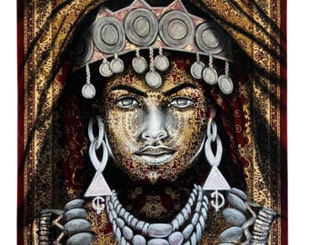 Dzieło sztuki „Królowa Amazigh” – portret berberyjskiej kobiety na tradycyjnym dywanie | Etniczna dekoracja ścienna