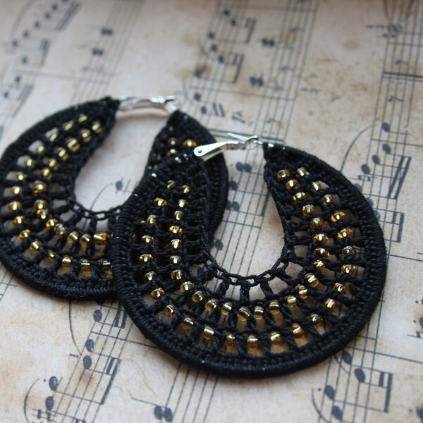 Crochet Hoop Earrings, Silver Plated Drop Earrings, Boho Womans Accessory, Beaded, Black and Gold