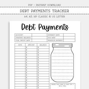 May include: Black and white printable debt payments tracker with a jar illustration. The tracker includes sections for account, starting balance, goal payoff date, interest rate, due date, minimum payment, date, amount, and balance. It also includes two sections for writing about how you will feel and what you will be able to do when the debt is paid off.