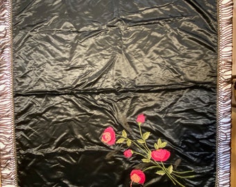 Vintage Embroidered Black Silk Piano Shawl with Red and Pink Floral Embroidery
