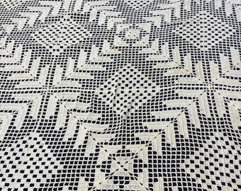 Vintage Hand Crocheted Cotton Coverlet or Tablecloth w/ Scalloped Trim