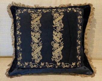 Black Silk Velvet Pillow Cover w/ Wool Ground & Gold Embroidered Appliqué