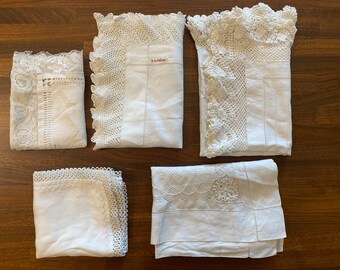 Lot of FIVE Vintage White Cotton Rectangle Doilies with Crocheted Lace Border