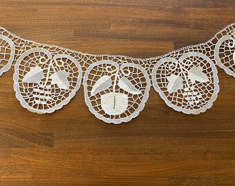 Handmade Vintage Lace Ribbon - Fall Motif - Fruit Motif - White Cotton Lace Trim - Cotton Ribbon - Large Handmade Ribbon