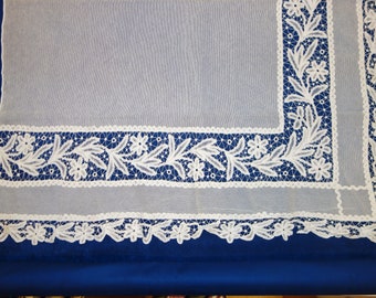 Antique Vintage Battenburg Lace Curtains w/ Floral Embroidered Boarder