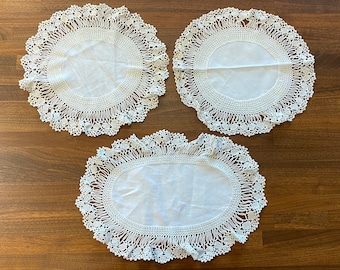 Set of 3 Vintage White Cotton Doilies w/ Crocheted Lace