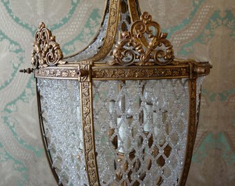 Large Scale 1920s Neo-Classical Gilt Brass and Beaded Crystal Lantern