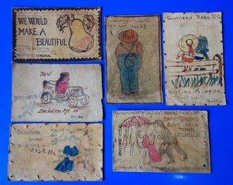 Antique Vintage Leather Postcards - Posted Romantic Love Notes - Early 1900's