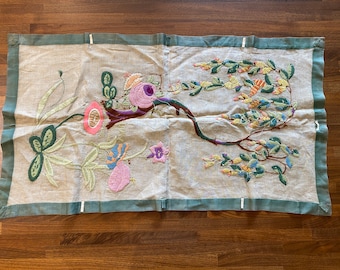 Crewelwork Embroidery With Wool on Linen Textile - Colorful Floral Tree Motif