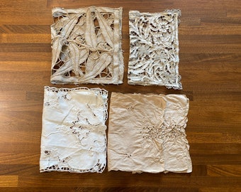 Lot of 5 Vintage Linen Doilies With Floral Motif, Crocheted Doilies, Tea Stained Doily, Embroidered Doily