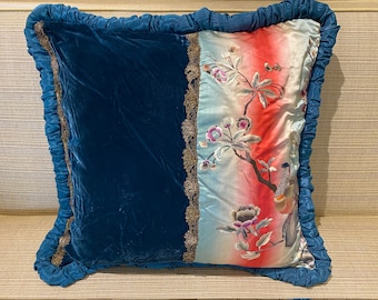 19th Century Chinese Silk and Velvet Embroidered Bird and Floral Motif Pillow Cover