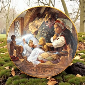 Puede incluir: Plato decorativo que representa una escena de Ricitos de Oro y los tres osos. La imagen muestra a una niña en la cama, con tres osos observando. El plato tiene un borde dorado y está sobre un fondo natural.