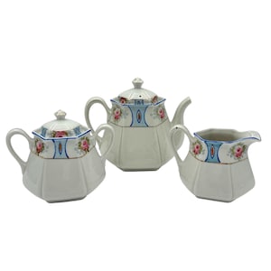 Antique Nippon Teapot Creamer Sugar Set – Hand Painted Roses & Blue Border – 3 Piece Hexagonal Porcelain Tea Set