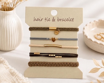 Boho Hair Tie + Bracelet 5-pc Set - Gold Tree Charm - Stretchable - Multicolored