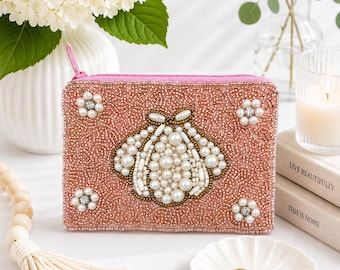 Handmade Pink Scallop Shell Seed Bead Coin Purse Coastal Beach Zipper 5"x4"