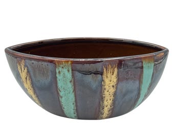 Vintage Studio Pottery Bowl – Drip Glaze Oval Serving Dish – 10” Long Multicolor Striped