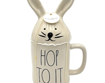 Rae Dunn Bunny Mug with Lid: "Hop To It" Easter Ceramic Mug