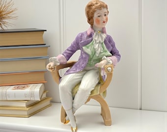 Vintage German Porcelain Figurine Man in Chair, Hand Painted Bisque, Marked G7185, 7.5” Tall