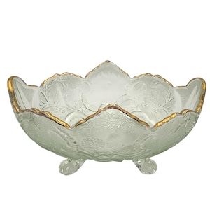 Vintage Pressed Glass Footed Bowl with Gold Trim – Embossed Floral Pattern – Ornate 10” Centerpiece