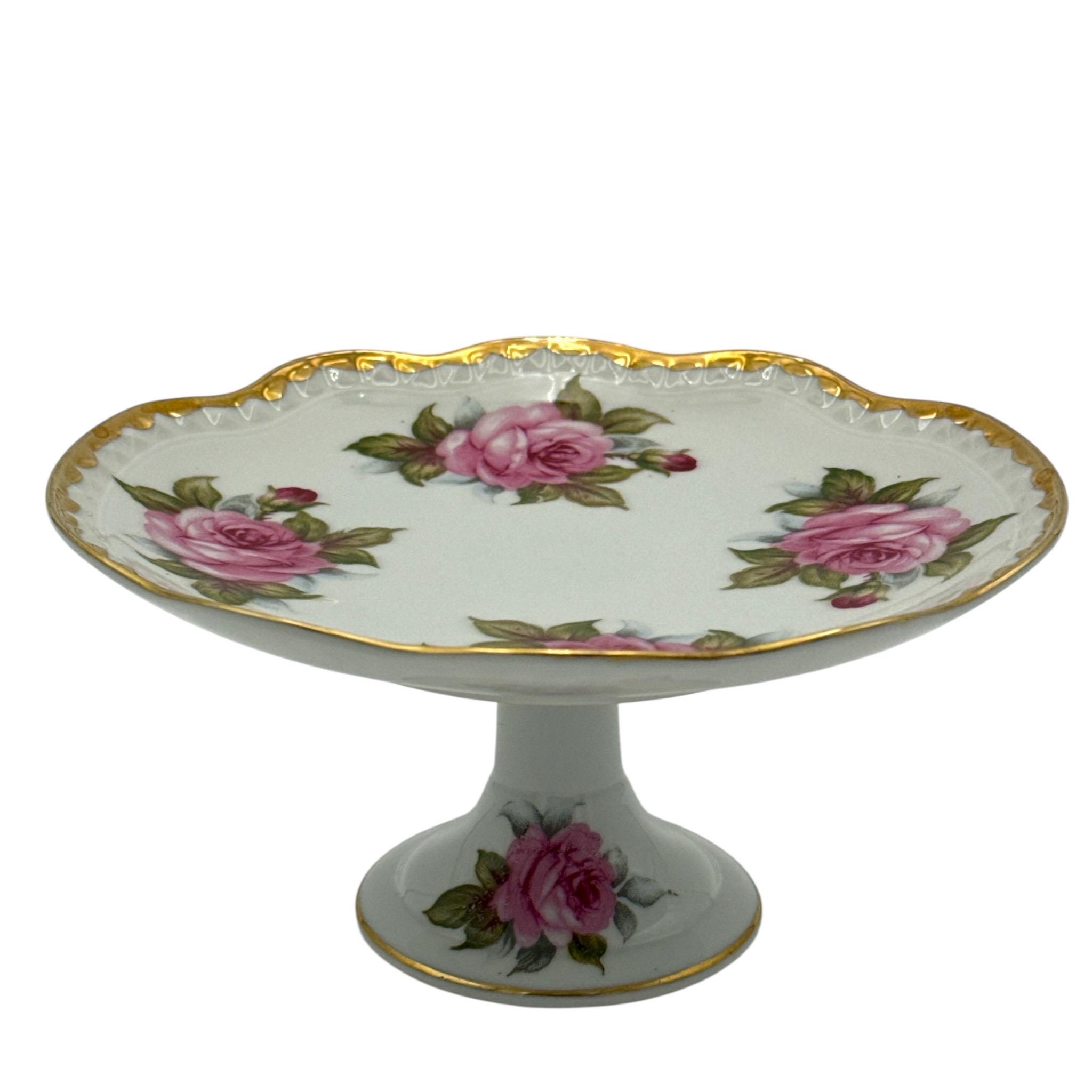 Vintage Norcrest Fine China Pedestal Cake Plate – Pink Rose Floral with Gold Trim – Scalloped Edge Dessert Stand – TA-9 Japan