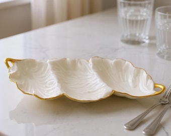 Vintage Lenox Porcelain Leaf Dish: 24K Gold Trim, Mid-Century Serveware