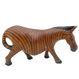 Vintage Hand Carved Wooden Zebra Figurine – African Folk Art Decor – 7.75” Long Striped Wildlife Sculpture
