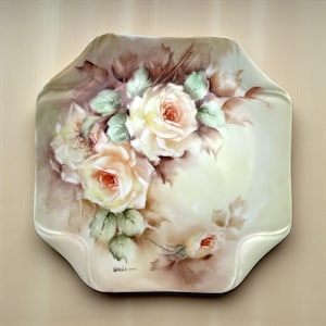 Hand Painted Porcelain Plate with Roses – Signed Wanda – Vintage 20th Century Floral Art Plate – Collectible Wall Decor