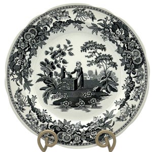 Piatto da collezione vintage Spode Archive – “Girl at Well” serie georgiana 10,5” in ceramica nera – Inghilterra