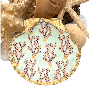 Decoupage Scallop Shell Trinket Dish: Coral Reef Coastal Decor