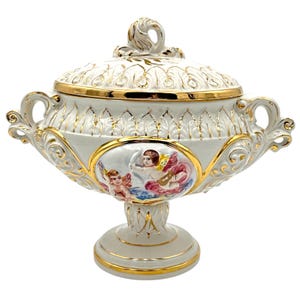 Vintage Keramos R. Capodimonte Suppenterrine mit Fuß - Engel - Goldakzente