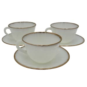 Vintage Fire-King Milk Glass Teacup Set: Gold Trim, Mid-Century Modern
